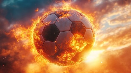 Fototapeta premium Fiery soccer ball engulfed in flames against a dramatic sunset sky.