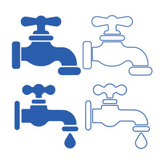 Set of Water Tap with Droplets in Solid and Outline Style