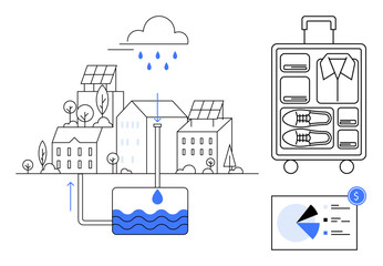 Rainwater collection system, solar-powered buildings, organized travel packing, and eco-energy analytics. Ideal for sustainability, green energy, travel, efficient packing, innovation resource