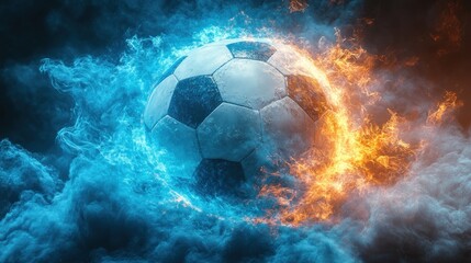 Naklejka premium Fiery soccer ball engulfed in ice and fire.
