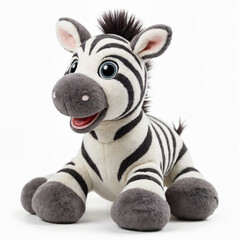 Smiling zebra plush toy sitting on white background with copy space