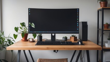 Home office setup featuring a large monitor, keyboard, and houseplants for a productive workspace