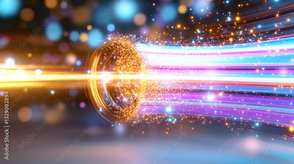 Poster glowing portal with light trails and bokeh effect for technology concept
