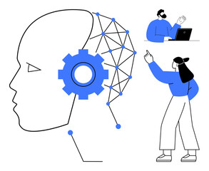 Human profile with neural connections and gear signifies AI two people collaborating with technology. Ideal for innovation, teamwork, AI, machine learning, tech projects, education, flat simple