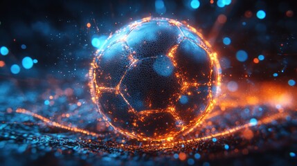 Obraz premium Fiery soccer ball with glowing particles, dark background.
