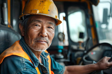 An elderly Asian male construction worker wearing a safety helmet and vest, looking confidently from the driver's seat of heavy machinery.