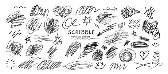 Scribble. Doodle ink strokes. Freehand lines, shapes, loops. Hand drawn spontaneous markings, messy black marker swirl, pen abstract sketch, pencil curves. Vector set