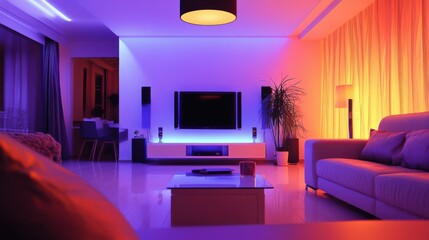 A smart home lighting system, living room with lights adjusting based on time of day, Home-tech style
