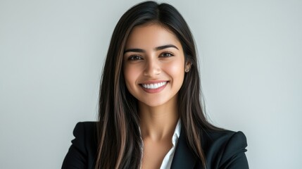 Fototapeta premium Smiling professional businesswoman wearing corporate attire, confident and poised for success.