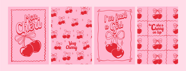 Cherry poster. Retro coquette cherries with ribbon. Trendy girly slogan, girl fashion, typography. Cards with red romantic fruit. Cherries with bow, text. Woman vector print