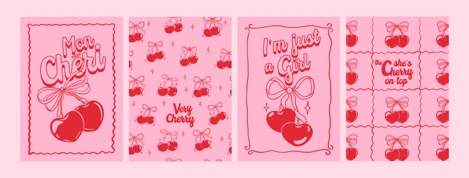 Cherry poster. Retro coquette cherries with ribbon. Trendy girly slogan, girl fashion, typography. Cards with red romantic fruit. Cherries with bow, text. Woman vector print