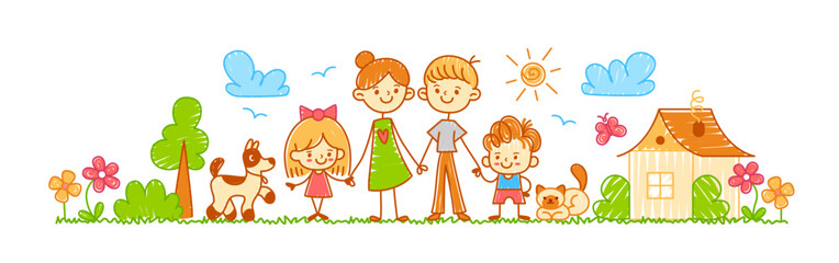 Kids drawing family. Hand drawn cartoon kid crayon illustration with parents, mother, father, son, daughter, pets and house, flowers. Family portrait. Chalk vector set