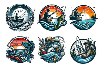 Fishing logo and emblem design for fishermen, combining a fish icon with hooks and water elements, showcasing the passion for the sport, fishing adventure, and aquatic life. Creative business logo 
