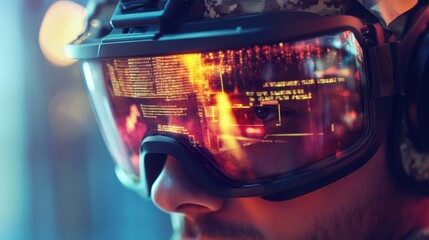 A modern soldier is focused intently, wearing augmented reality goggles that display real-time data and graphics, enhancing situational awareness in a high-tech environment.