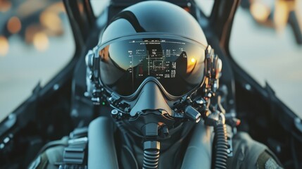 Inside the fighter jet, a military pilot adjusts his gear, focusing on the advanced display as daylight fades, readying for an impending flight mission.