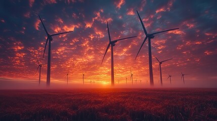 Obraz premium A vast wheat field, illuminated by a golden sunset, shows wind turbines generating clean energy, creating a picturesque, sustainable, and eco friendly landscape.