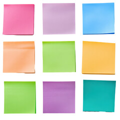 Fototapeta premium Colorful Sticky Notes Grid: A vibrant assortment of square sticky notes in various colors, arranged in a grid pattern, conveying messages and reminders for daily tasks and to-do lists.