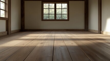 a light-filled interior with wooden floors and a window overlooking a natural scene