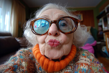 Elderly woman in big glasses making a funny face