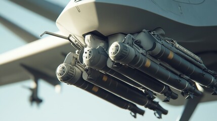 The underbelly of a combat drone is highlighted, featuring attached missiles and intricate mechanical components, emphasizing its advanced technology and weapon systems.