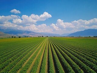 Drone shot of vibrant sunflower fields under a bright blue sky with gentle clouds, showcasing nature's beauty