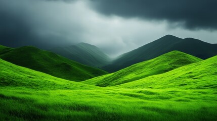 Fototapeta premium Lush green hills under dramatic stormy skies with distant mountain and moody atmosphere