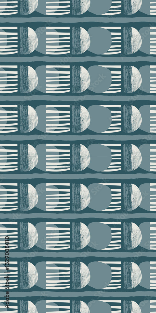 Poster seamless geometric pattern abstract modern design with textured semicircles lines shapes in blue whi