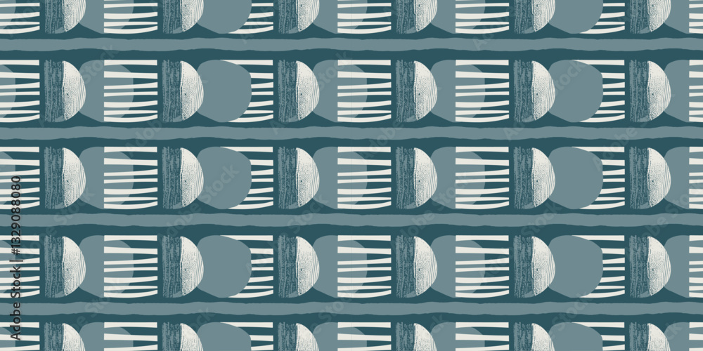 Poster seamless geometric pattern abstract modern design with textured semicircles lines shapes in blue whi