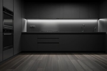 Obraz premium Modern dark grey kitchen interior with wood floor.