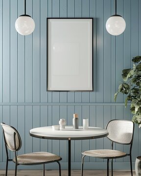 Minimalist dining room with a blank poster frame hanging on a blue wall