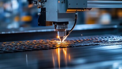 Laser Cutting Machine Precisely Cuts Metal Sheets with Intense Heat and Sparks in Industrial Factory Setting