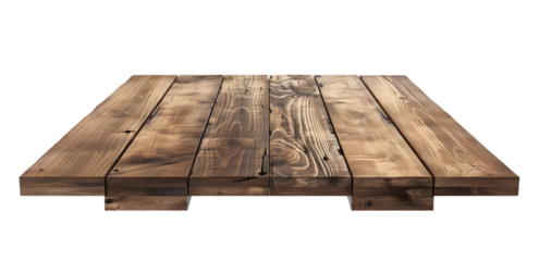 Wooden table top with wood planks isolated on white background