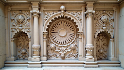 Elaborate architectural relief featuring sun motifs and ornamental details, classic design
