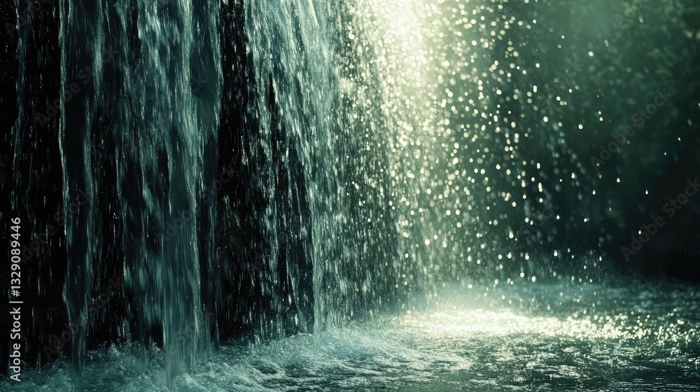 Poster tranquil waterfall in forest with sparkling water droplets and soft natural light shining through tr