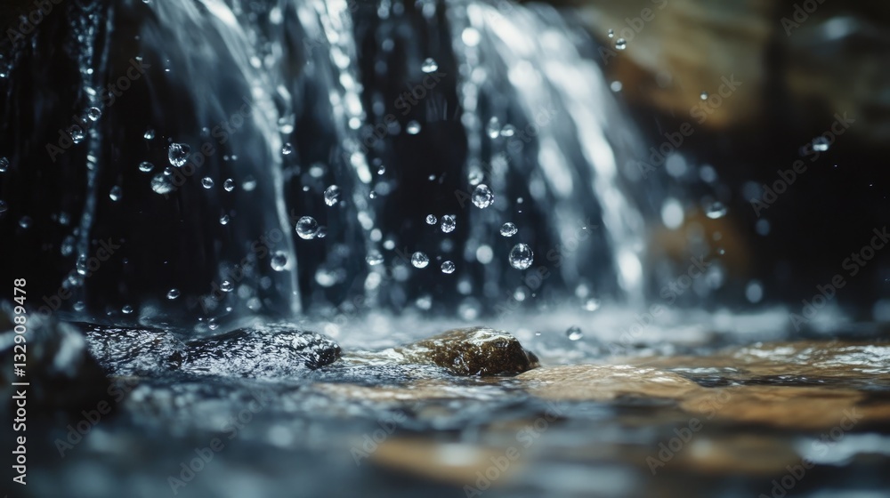 Poster close-up of waterfall with sparkling water drops cascading over smooth stones in a natural setting