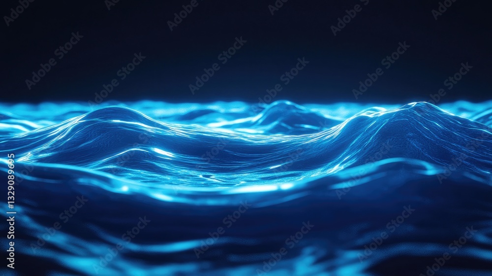 Poster abstract glowing ocean waves illuminated by soft blue light, creating a serene and tranquil underwat
