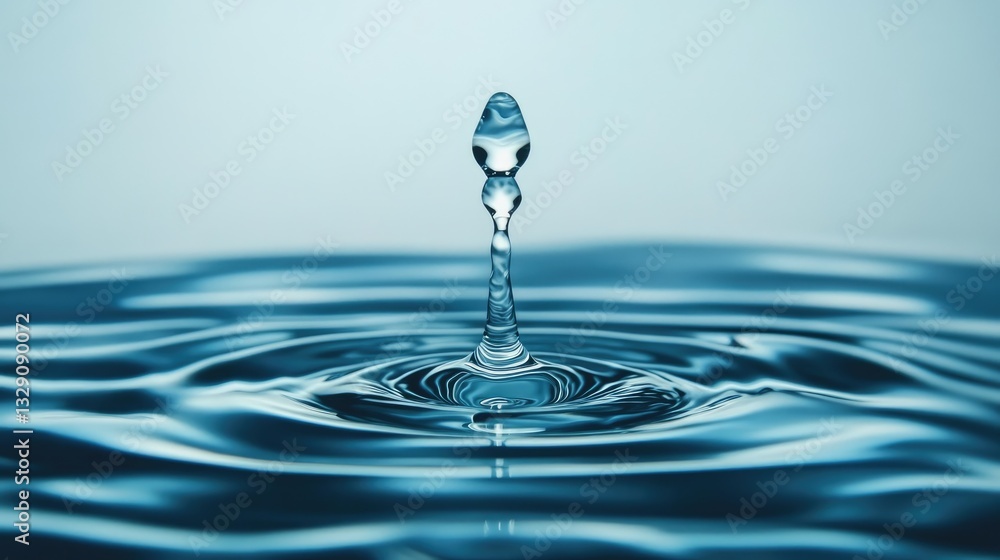 Poster crystal clear water droplet creating ripples in a calm blue surface with a minimalistic aesthetic an