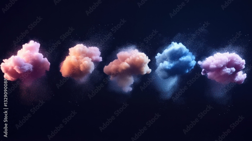 Aufkleber five pastel-colored clouds, digitally rendered, on a dark background with subtle dust particles.
