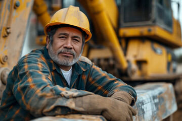 Middle-aged Hispanic male construction worker in a hard hat, posing confidently with heavy machinery in the background.