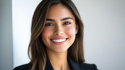 Fototapeta premium Smiling Latina businesswoman in professional office attire. Young, attractive, confident with bright smile.