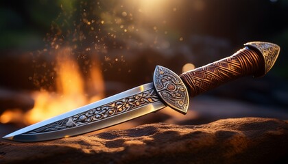 A handcrafted ceremonial dagger with a bone handle, etched with intricate tribal patterns, exuding ancient craftsmanship and mystique.
