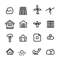 Minimalist line icon set for renewable energy, eco-friendly homes, and sustainability concepts