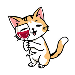 cute cat with a glass of wine, cartoon character illustration