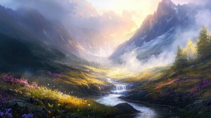 Serene Mountain Landscape with Lush Greenery, Flowing Stream, and Vibrant Wildflowers Under a Gentle Sunrise