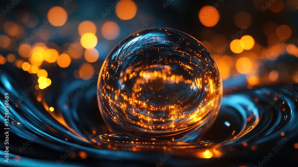 Poster shimmering glass sphere on fluid surface with glowing bokeh lights in the background