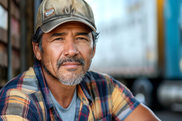 Fototapeta premium A middle-aged Hispanic male with a rugged look, wearing a cap and plaid shirt, exudes confidence and resilience.