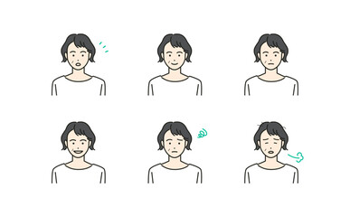 中年女性の表情豊かなシンプルなアバター素材イラストセット(カラフル)