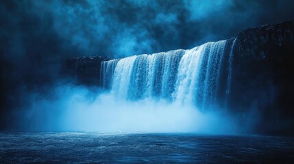 Majestic Waterfall Cascading Down Rugged Cliffs Surrounded by Misty Blue Hues Under Dramatic Cloudy Sky
