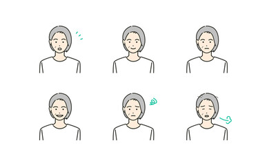 シニア女性の表情豊かでシンプルなアバター素材イラストセット(カラフル)