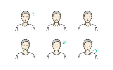 シニア男性の表情豊かなシンプルなアバター素材イラストセット(カラフル)
